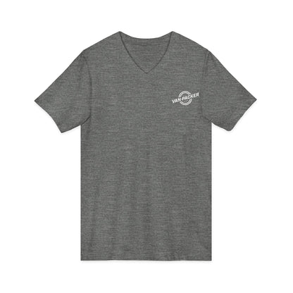 Unisex Jersey Short Sleeve V-Neck Van-Packer White Logo Tee