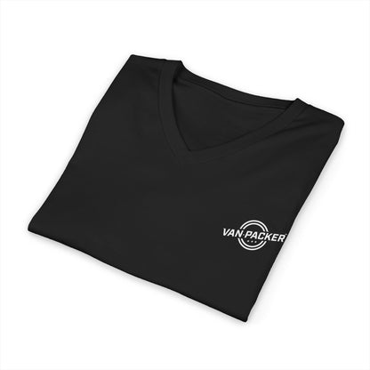 Unisex Jersey Short Sleeve V-Neck Van-Packer White Logo Tee
