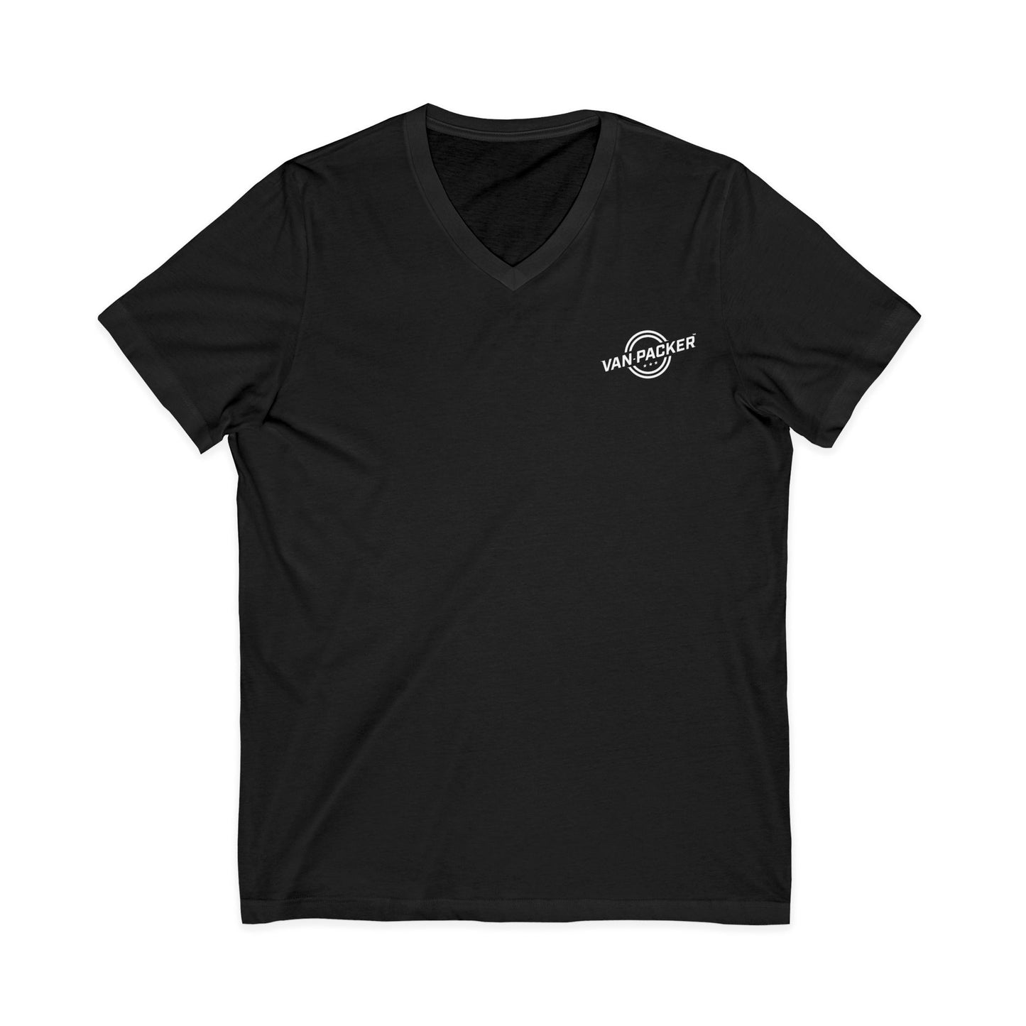 Unisex Jersey Short Sleeve V-Neck Van-Packer White Logo Tee