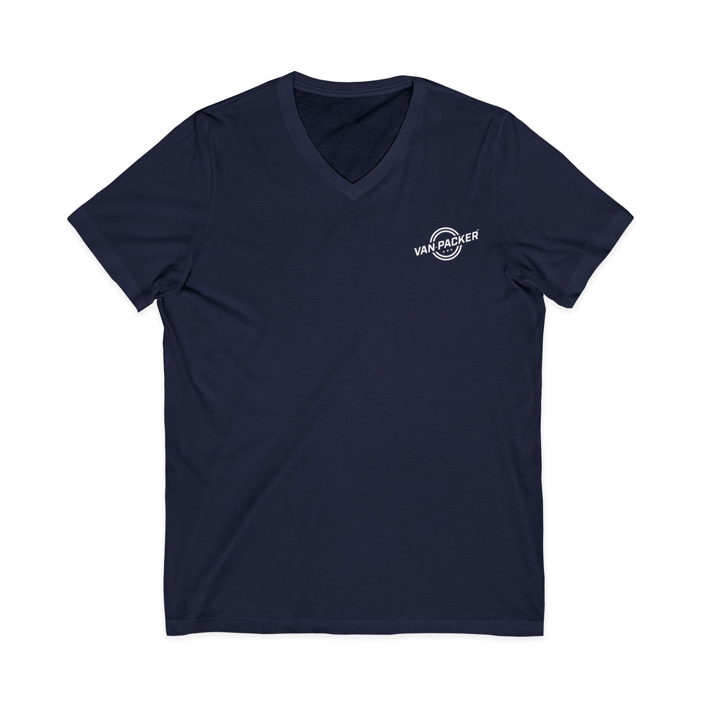 Unisex Jersey Short Sleeve V-Neck Van-Packer White Logo Tee