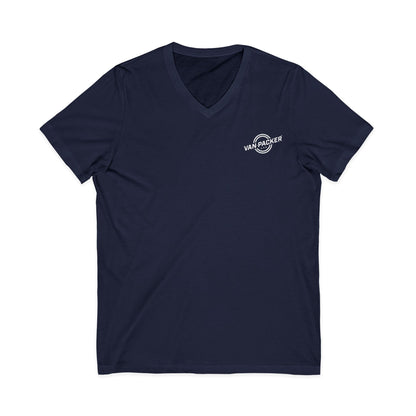 Unisex Jersey Short Sleeve V-Neck Van-Packer White Logo Tee