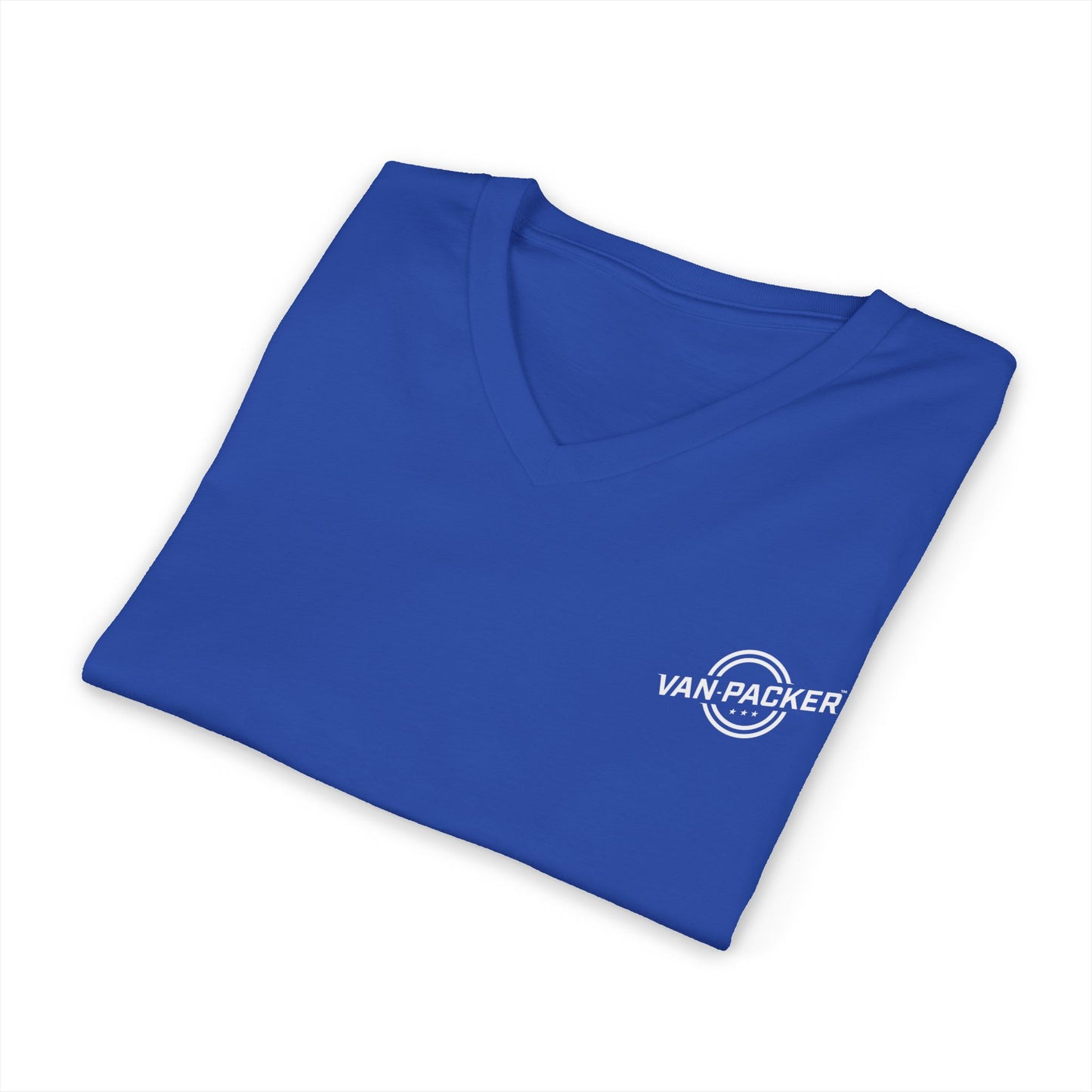 Unisex Jersey Short Sleeve V-Neck Van-Packer White Logo Tee
