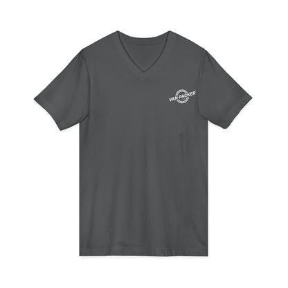 Unisex Jersey Short Sleeve V-Neck Van-Packer White Logo Tee