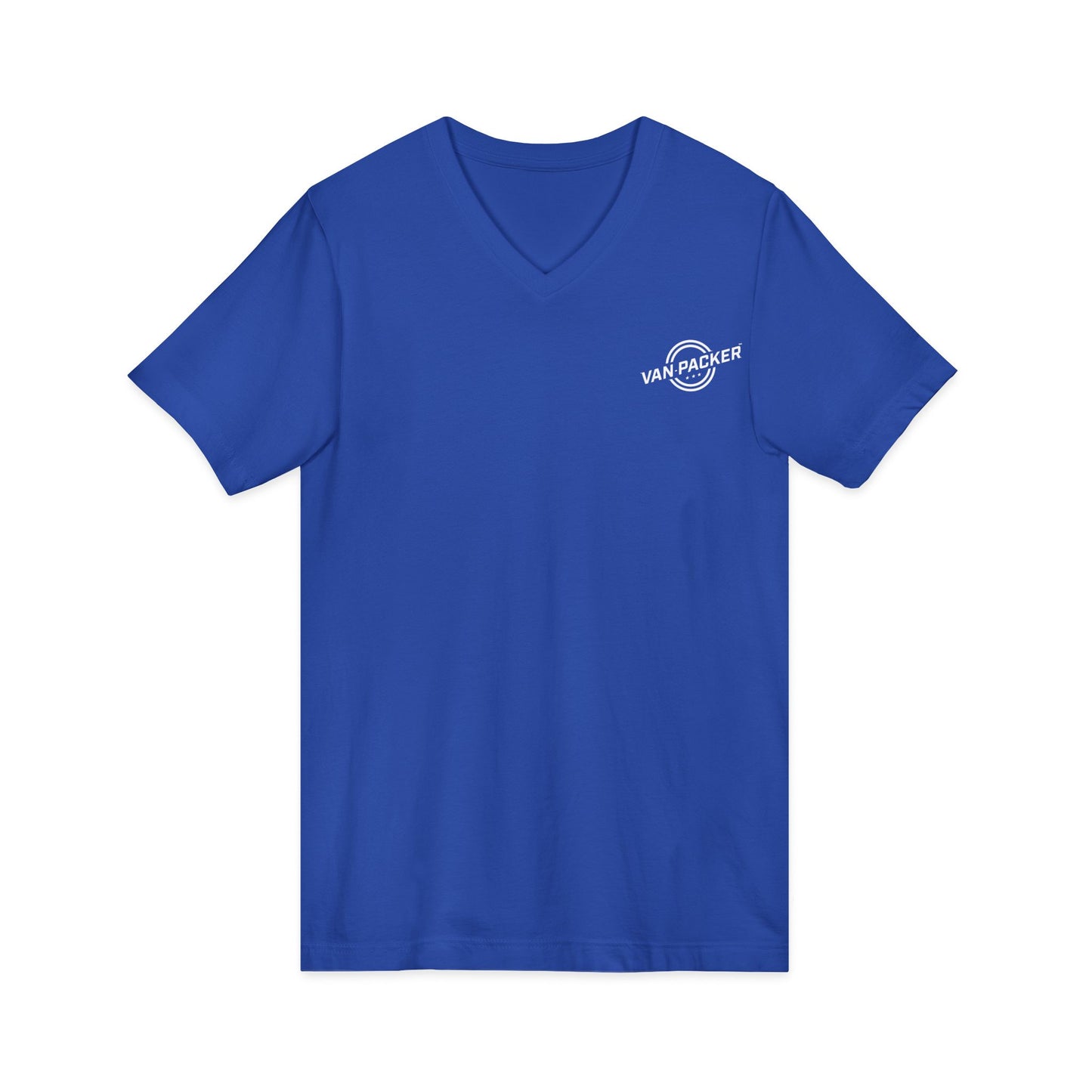 Unisex Jersey Short Sleeve V-Neck Van-Packer White Logo Tee