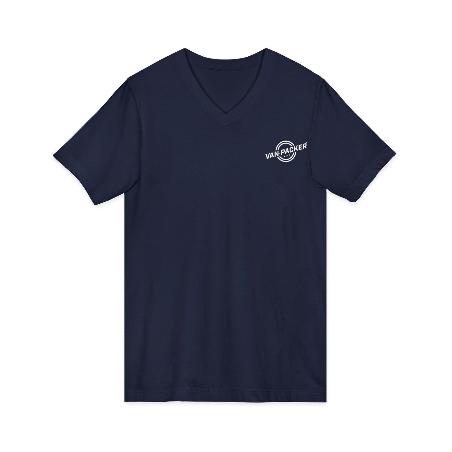 Unisex Jersey Short Sleeve V-Neck Van-Packer White Logo Tee