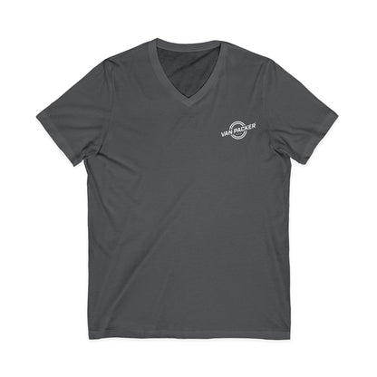 Unisex Jersey Short Sleeve V-Neck Van-Packer White Logo Tee