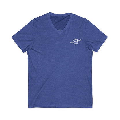 Unisex Jersey Short Sleeve V-Neck Van-Packer White Logo Tee