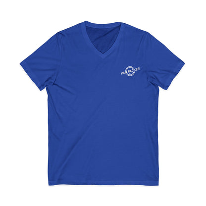 Unisex Jersey Short Sleeve V-Neck Van-Packer White Logo Tee